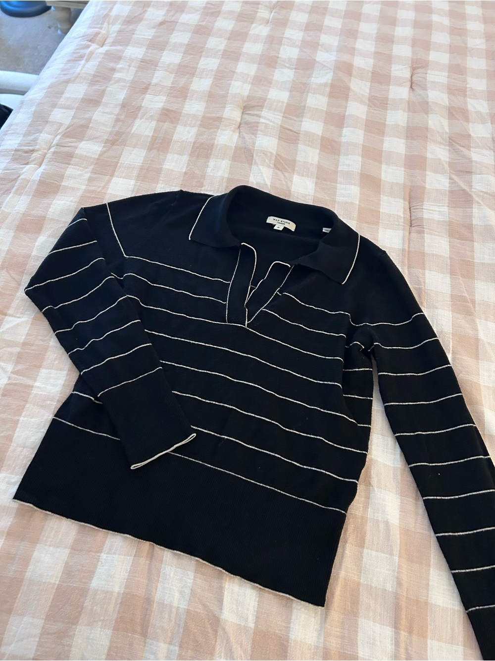 Max Studio Black Striped Knit Polo Sweater